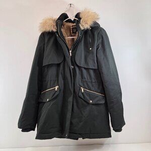 Zara trf Outerwear Green Jacket Faux Fur Hood Womens Size XS